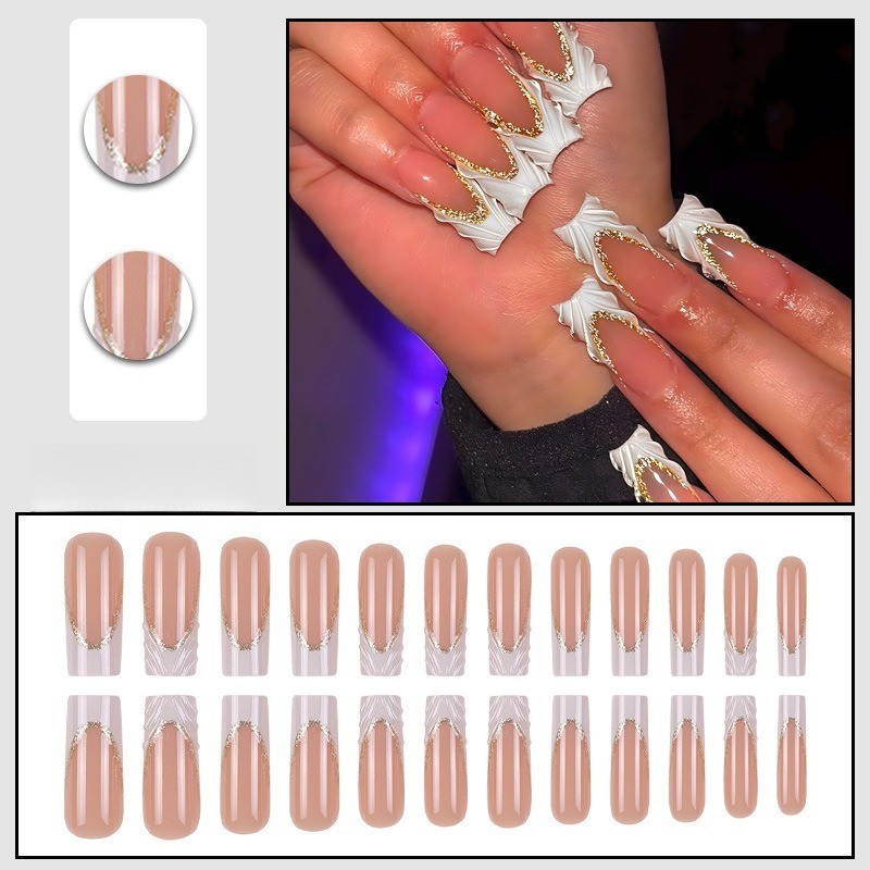 48pcs-Long Coffin Press on Nails, Nude Pink with 3D White Ribbon & Gold Lining