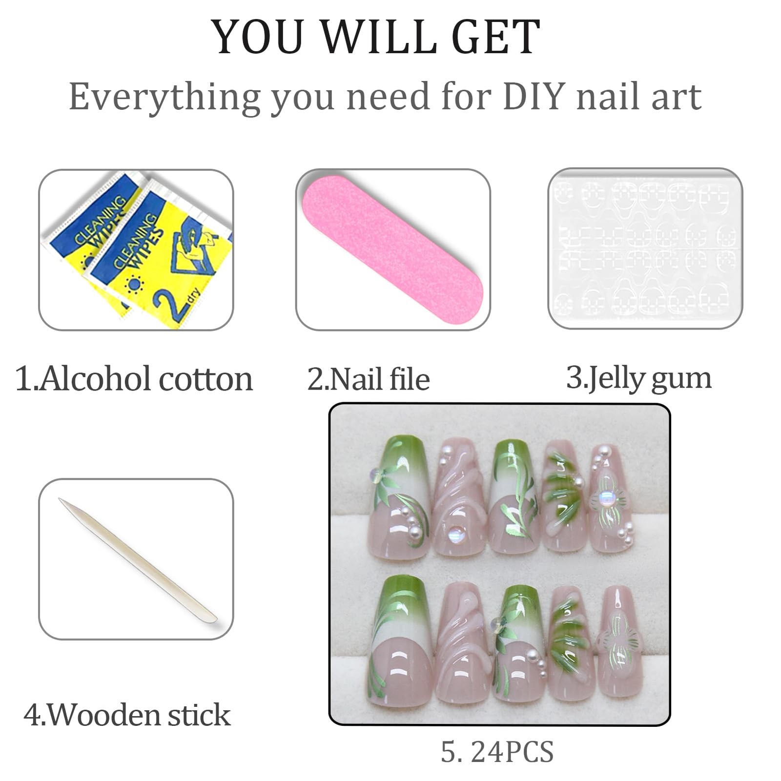 Nails Press on, Coffin Press on Nails Medium Girls Fake Nails with Green Vine…
