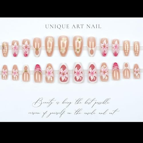24pcs Summer Flower Press on Nails Medium Almond Fake Nails 3D Hibiscus style04