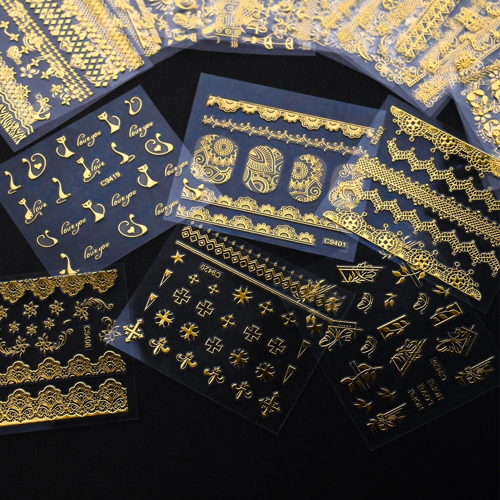 10 Sheets Nail Art Stickers Gold Lace Moon Star French Line Geometric Slider C94