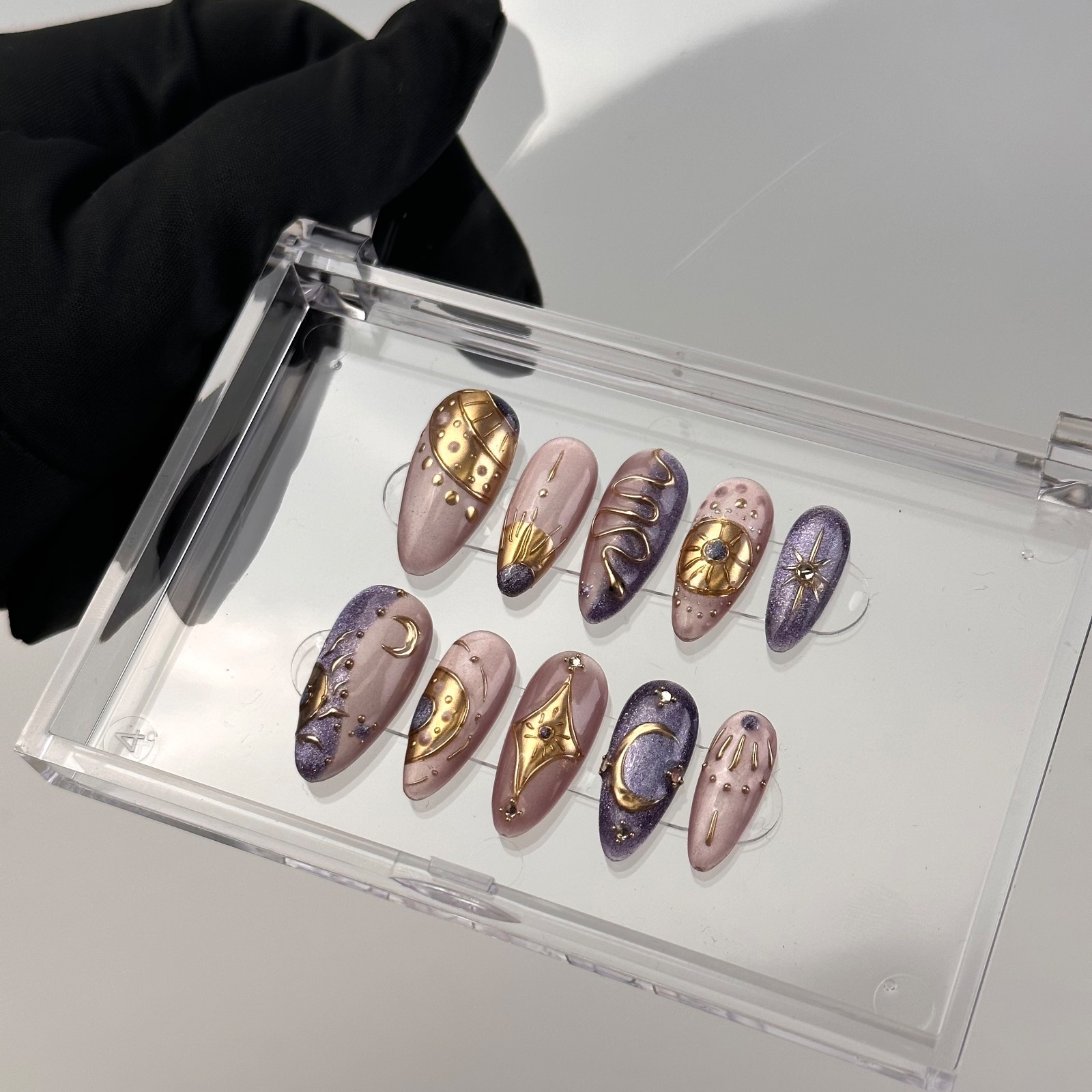Press On Nails Medium Almond Purple Gold Celestial Moon Star Nail Art Glue Set