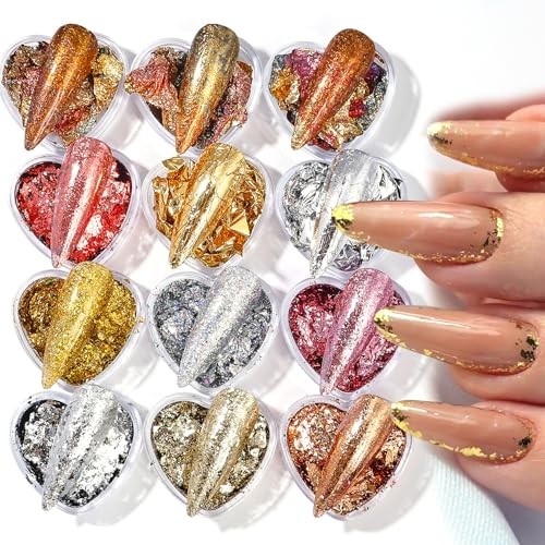 Unique Gold Flakes for Nails 12 Boxes Irregular Aluminum 12 Colors Gold Flakes