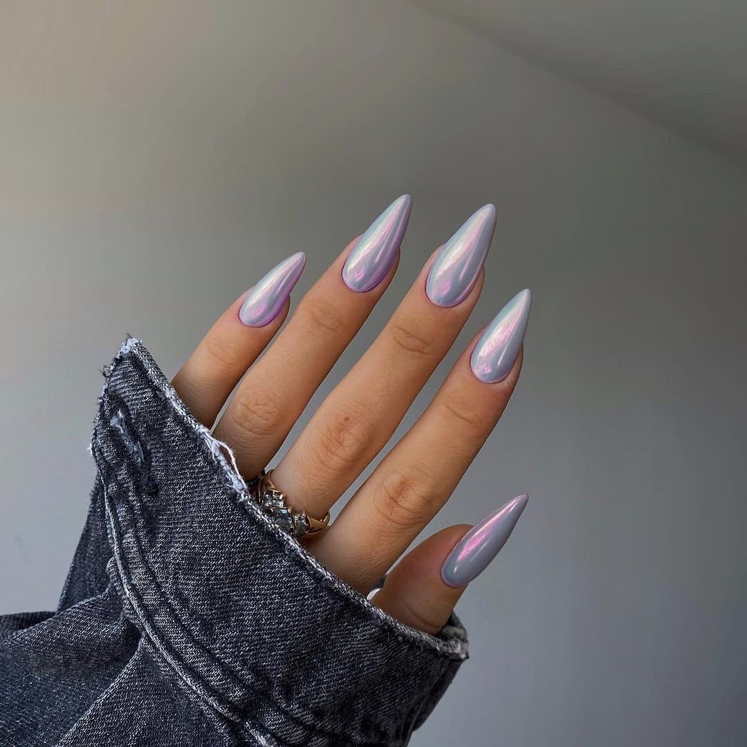 Light Blue Chrome Press on Nails Medium Almond, Mirror Aurora Stiletto Fake A…