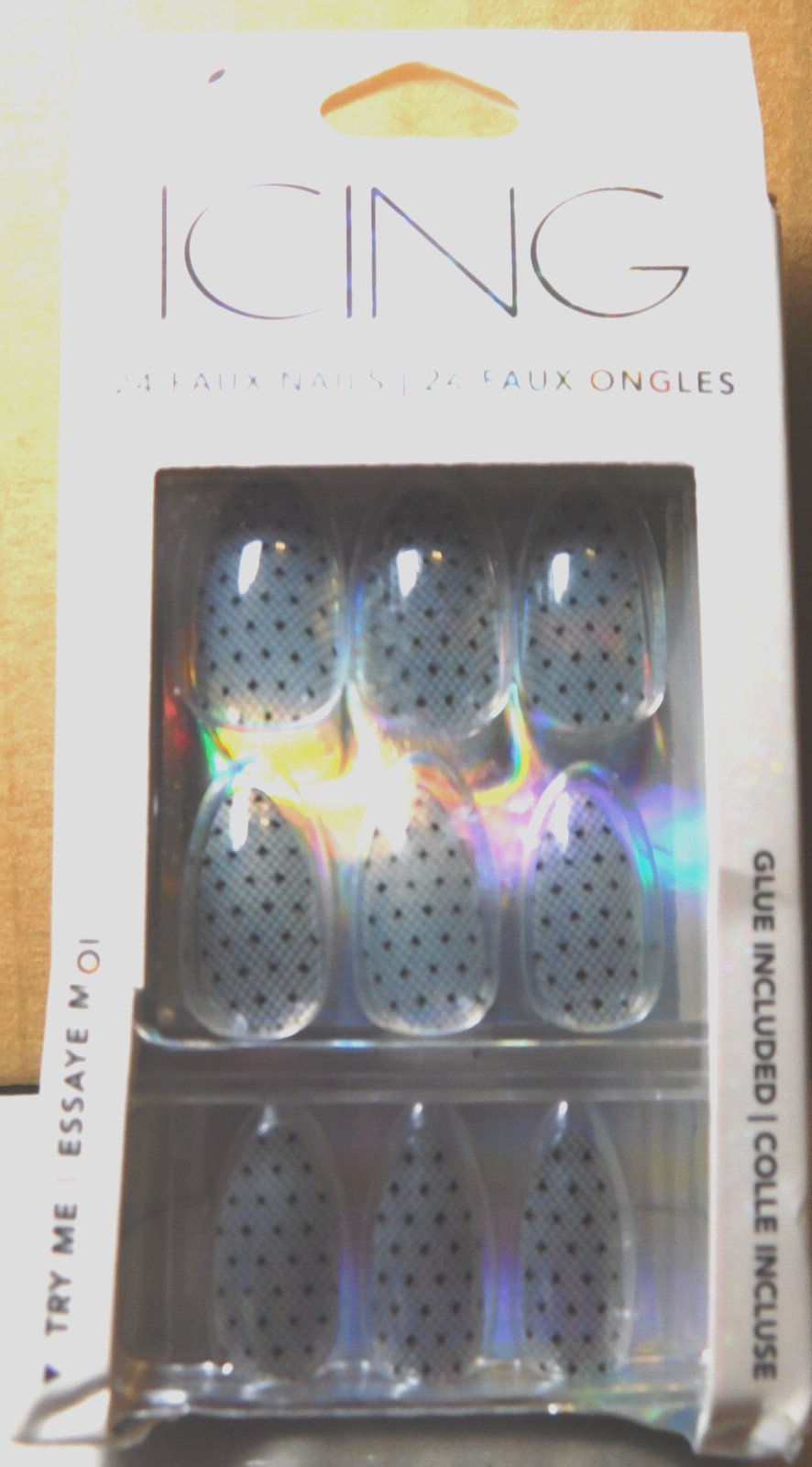 CBI Distributing Corp.~Icing 24 Faux Nails Vegan OA.AN Clear & Black Webs & Dots