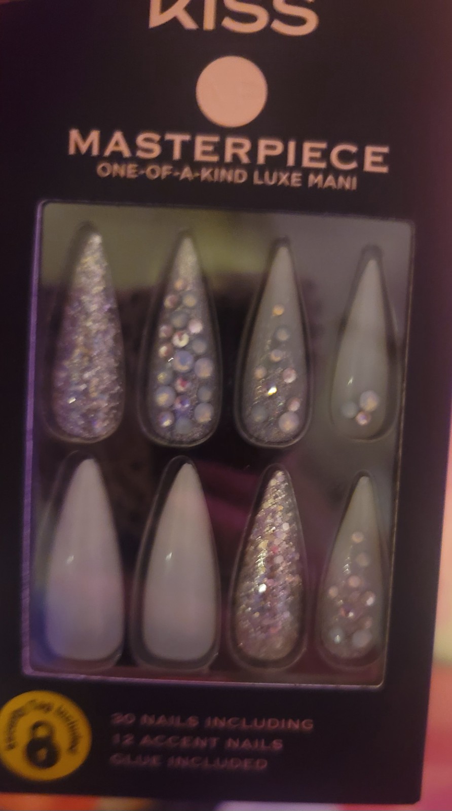 KISS ONE OF A KIND LUXE MANI LARGE PRESS-ON GLUE ON FAKE NAILS SILVER RHINESTONE