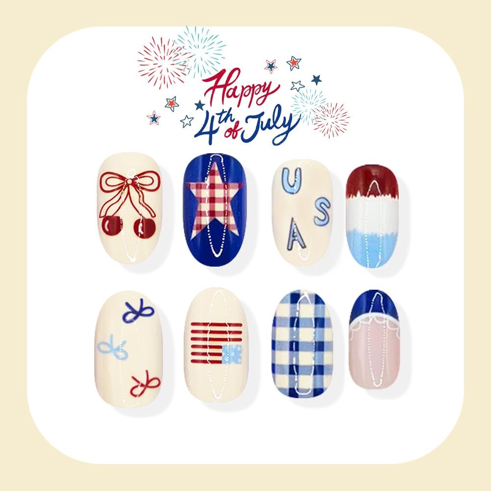 4th of July Press on Nails Medium Oval Fake with Medium, Style-33