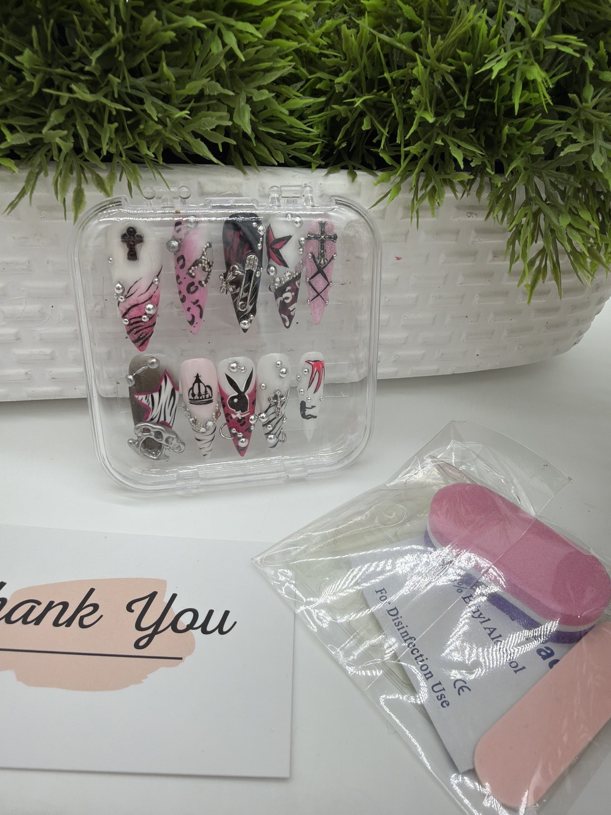 Y2K Punk Press-On Nails Pink Black Stiletto Playboy Crown Charms 3D Handmade