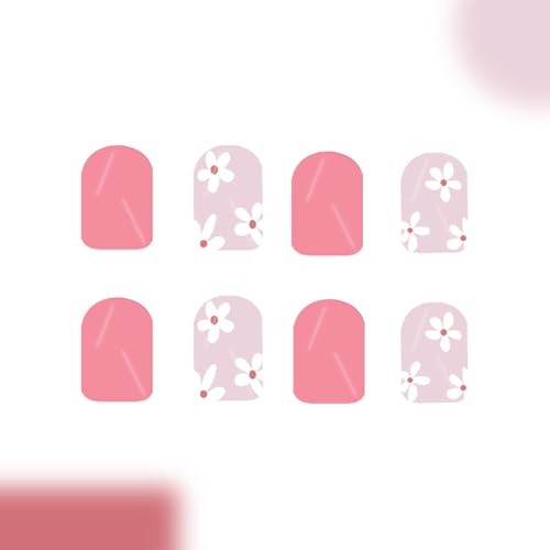 White Flowers Press on Nails – Short Square Fake Nail – Pink Floral Design