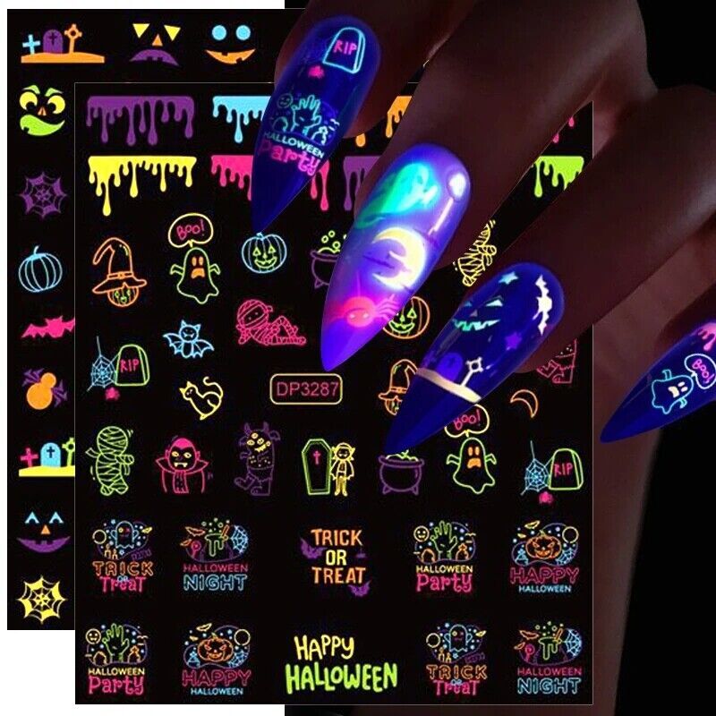 Luminous Halloween Pumpkin Ghost Skull 3D Nail Stickers Glow In Dark Decals NH16