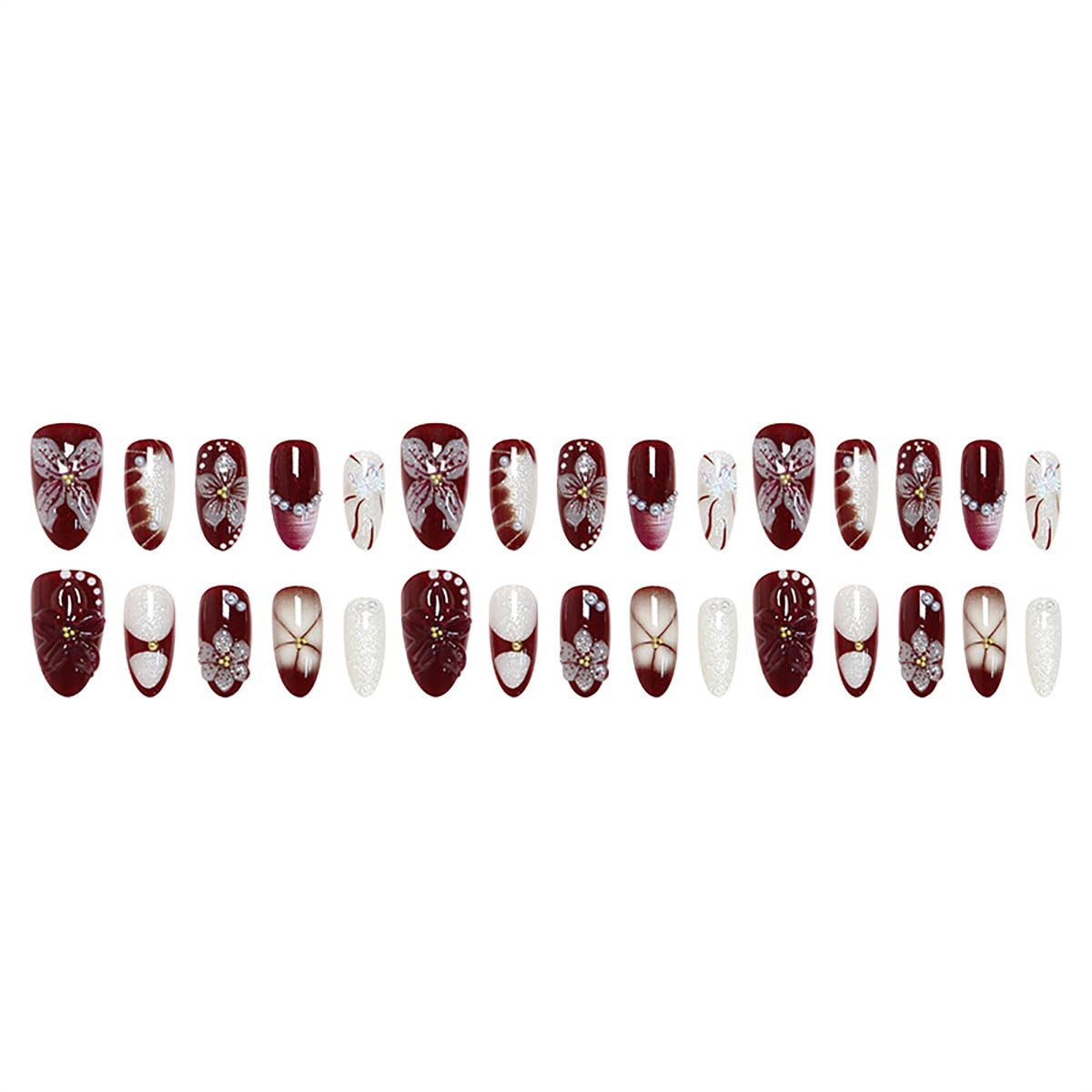 30Pcs Flower Press on Nails Medium Almond Fake Nails 3D Floral with Pearl Design