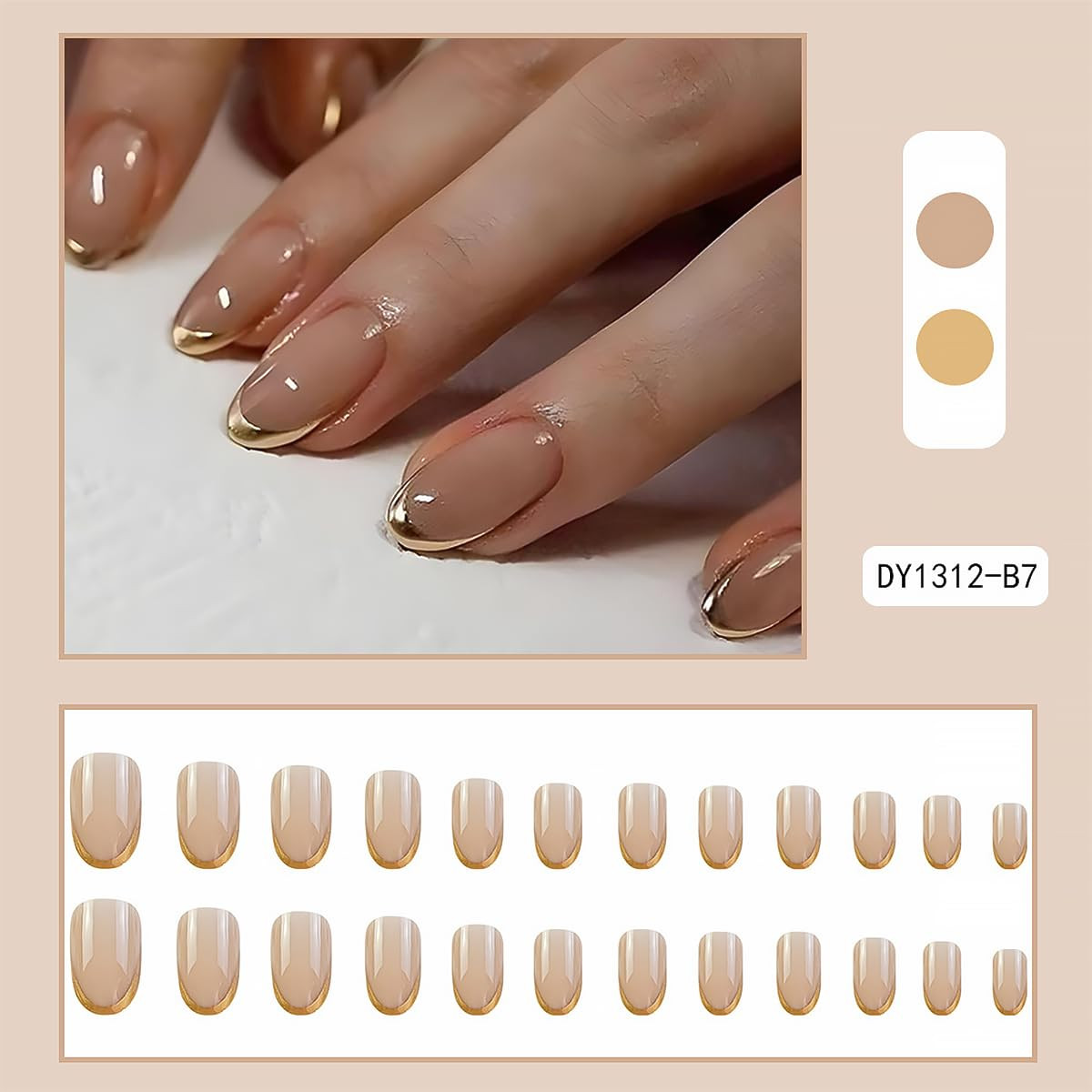 24Pcs Gold French Tip Press on Nails Short Almond Fake Nails Artificial Glossy D