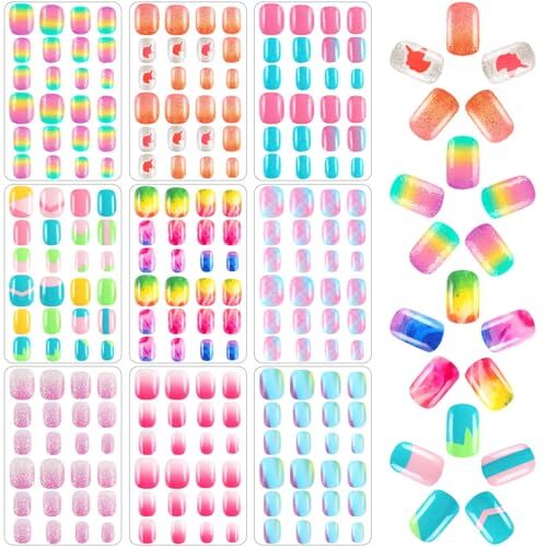 216Pcs 9 Pack Kids Press on Nails Grils Full Cover Short False Gradient Style