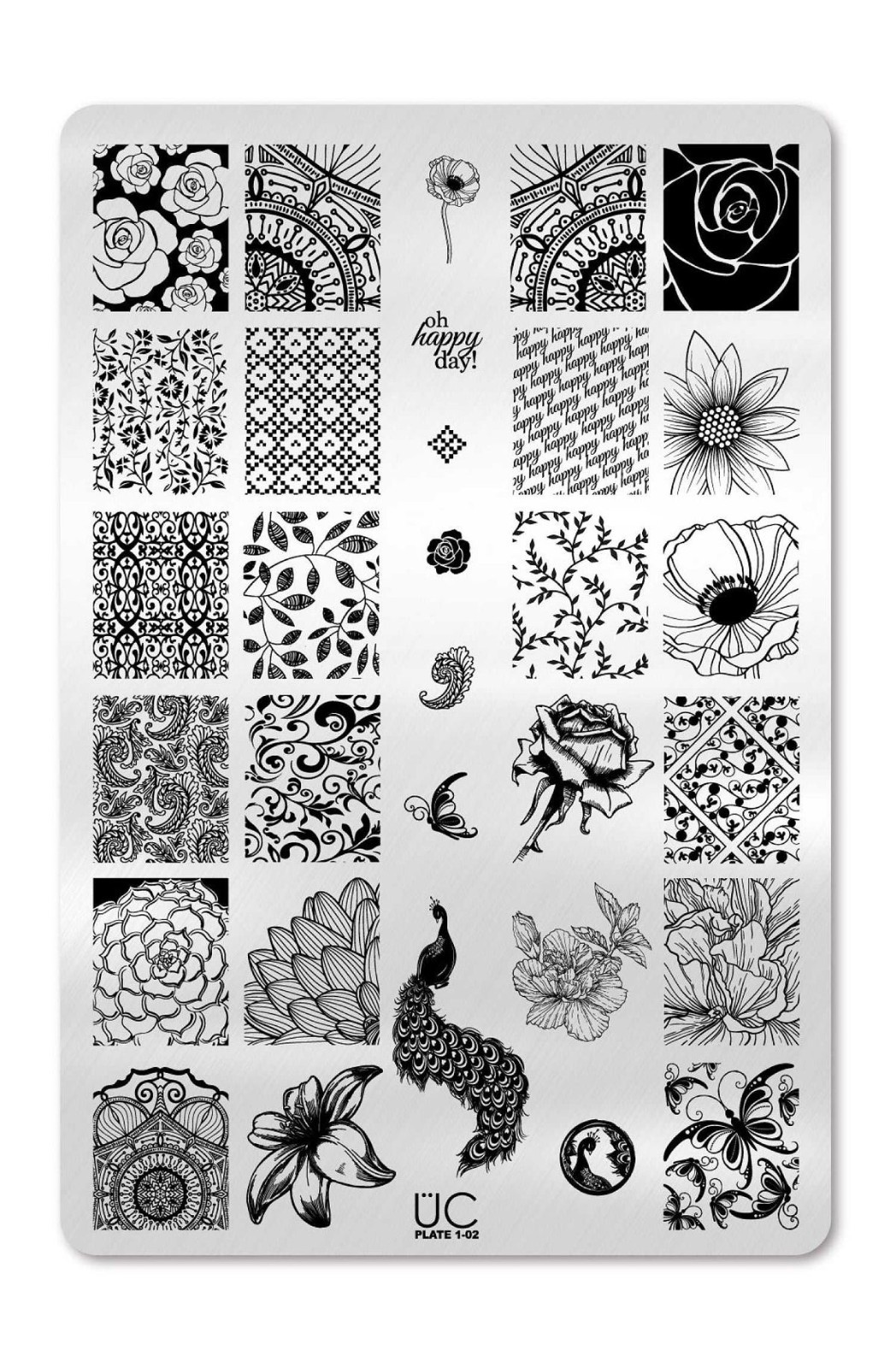 UBER CHIC UC 1-02 Nail Stamp Plate UberChic Peacock Feather Floral Flower Floris