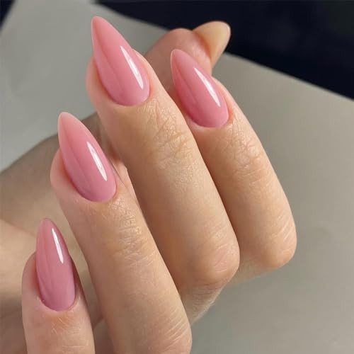 Rose Pink Press on Nails Medium Stiletto Almond, Glossy Press Glossy Rose Pink
