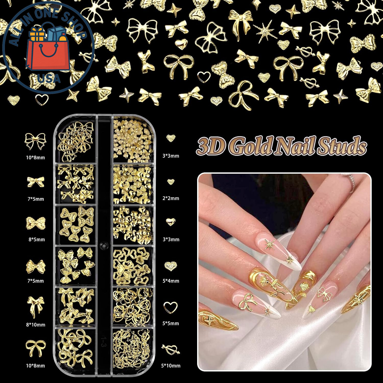 Gold Nail Charms Set: Pearls, Hearts, Bows, Stars, and Moon Designs