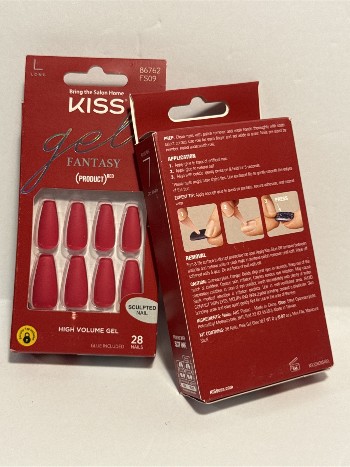 2 KISS Gel Fantasy Matte RED Gel Nails(L)Coffin Glue-On Nails SCULPTED,👀My Page