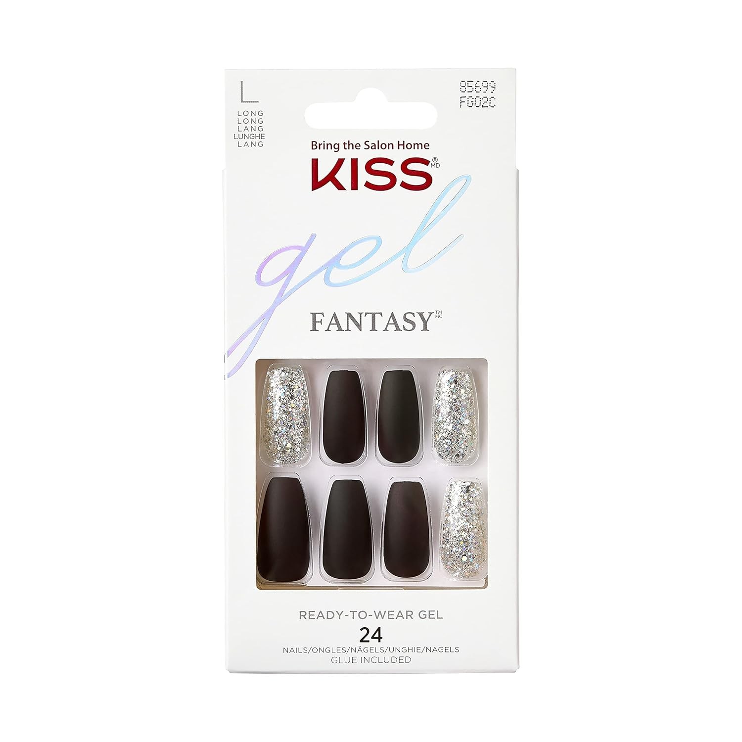 Kiss Gel Fantasy Matte Black Glue-On Nails w Adhesive Tabs Long Coffin Halloween