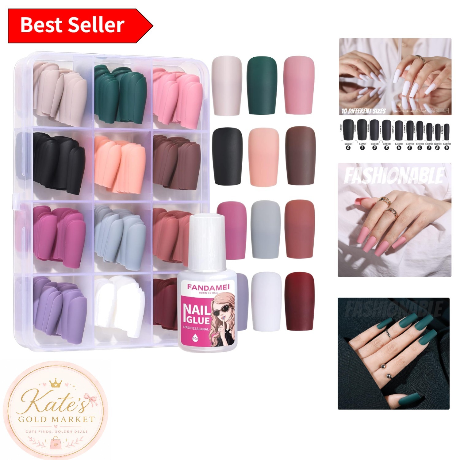 12 Colorful Matte Press-On Nails Set: 288PCS Medium Square + Glue Applicator