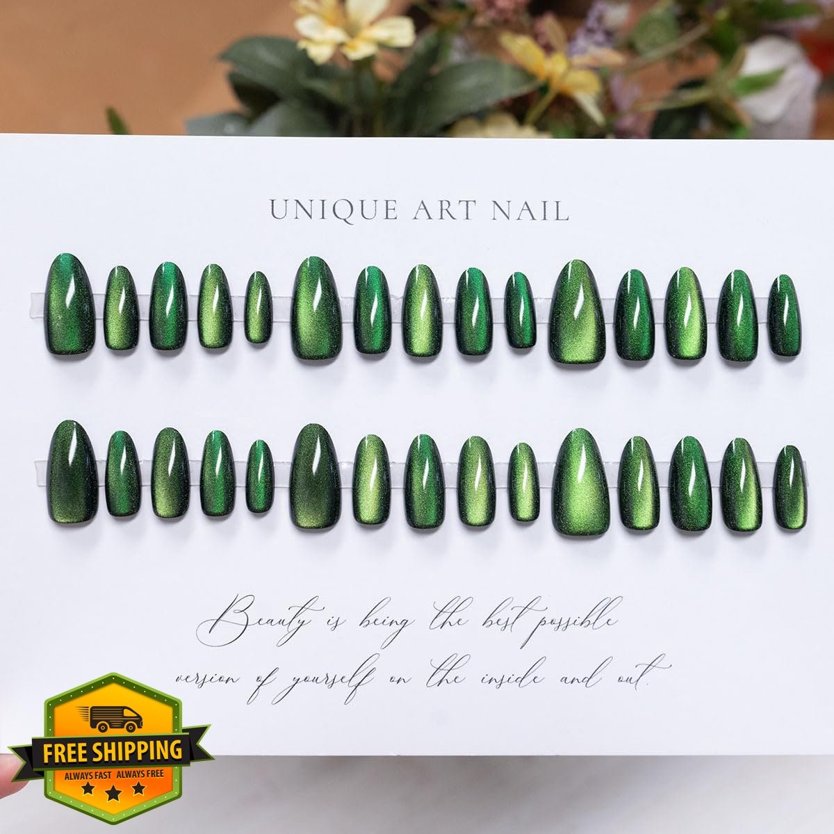 OSTTMA Green Press-On Nails Medium Almond Green Gem