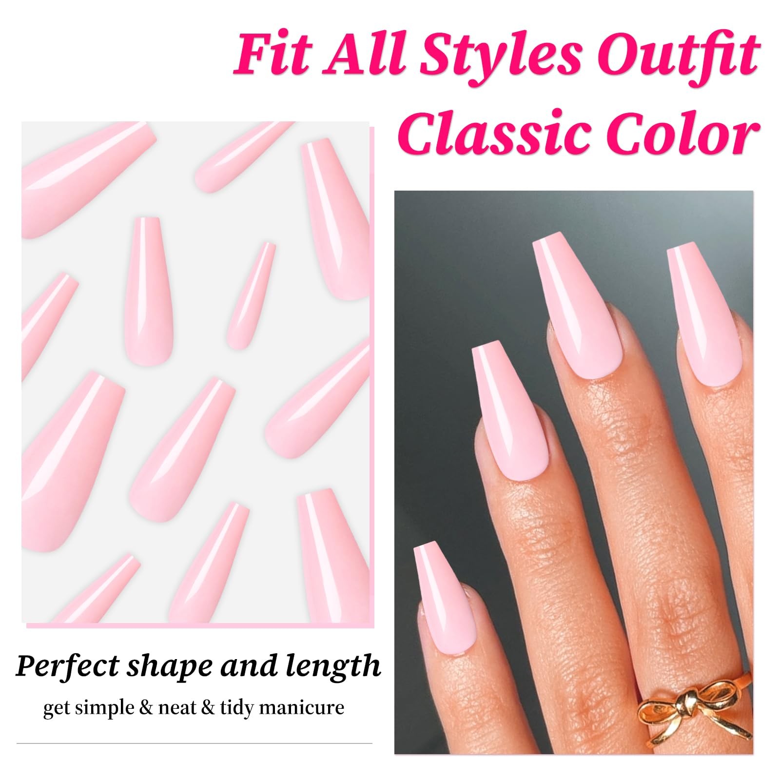 120PC Pink Coffin Press on Nails Long Fake Nails Press ons with Glue Nail Adh…