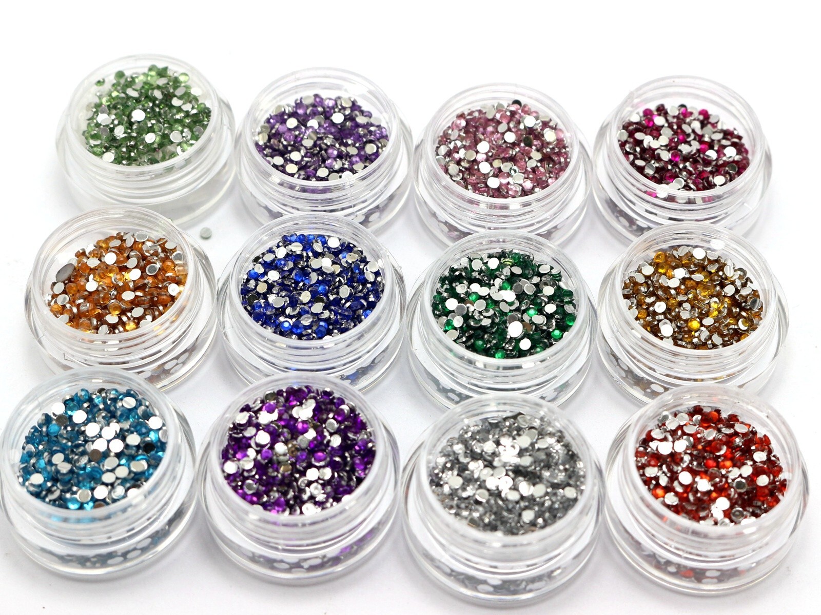 12,000 Acrylic Faceted Round Flatback Rhinestone Gems 2mm + 12 Storage Box Nail