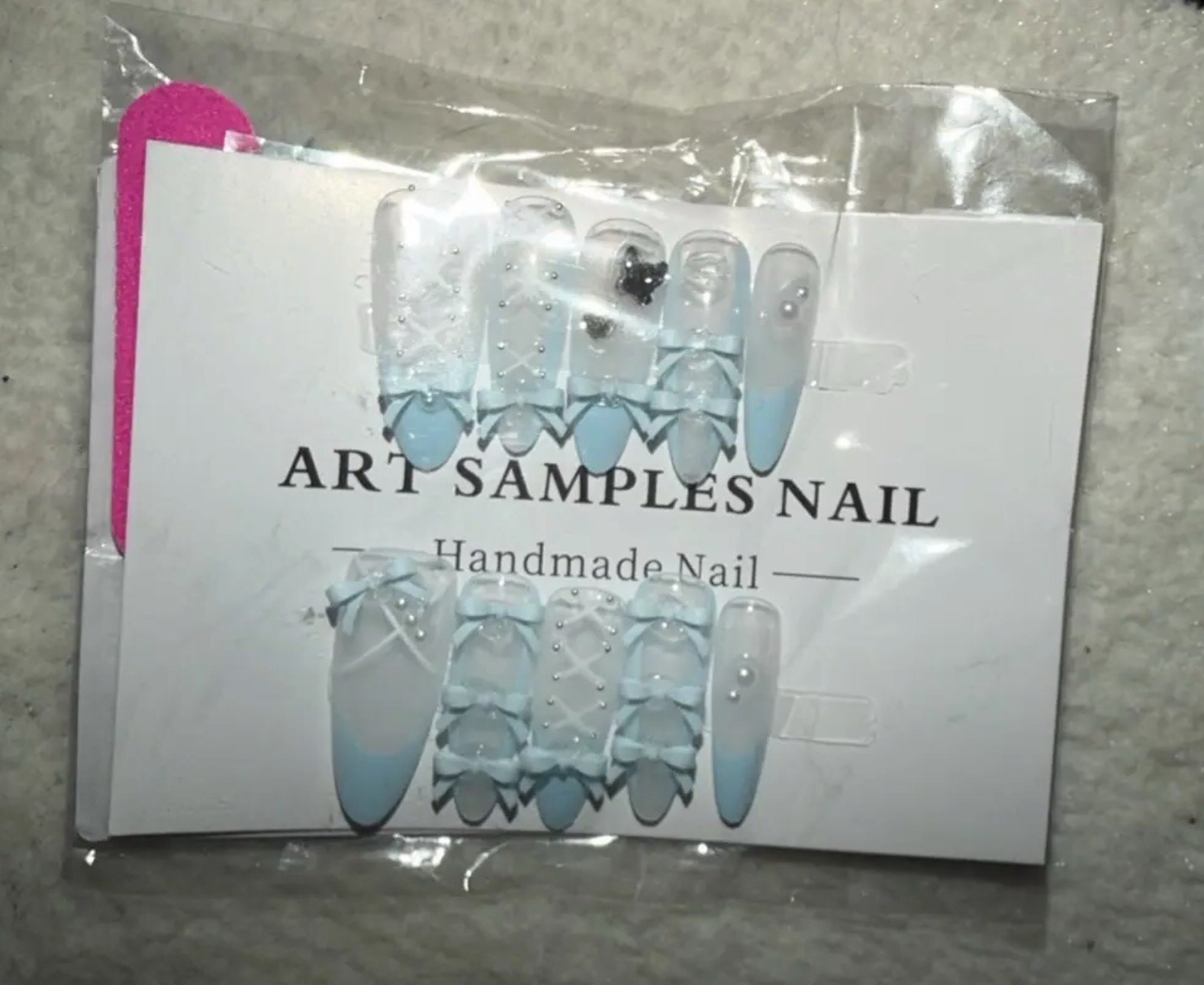 Handmade Nail Press-On Nails Set Blue/Clear Almond Long 3D Bow Pre-Designed