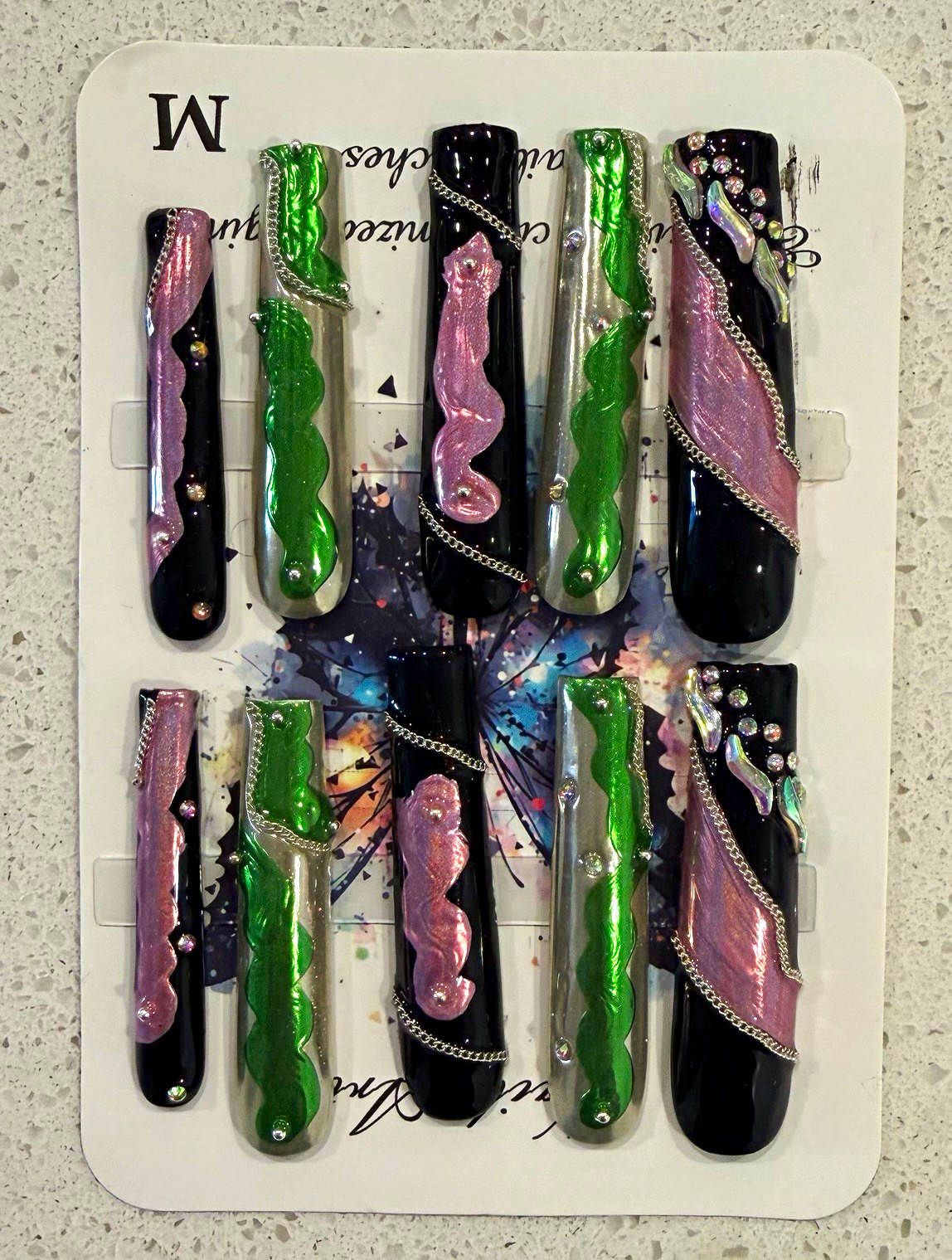 Long Coffin Press-On Nails Acrylic 3D Shiny Black Green Pink Silver