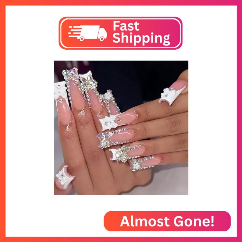 YEFIUO Press On Nails Long Square 3D Butterfly Rhinestones Bow Flowers Charms Na