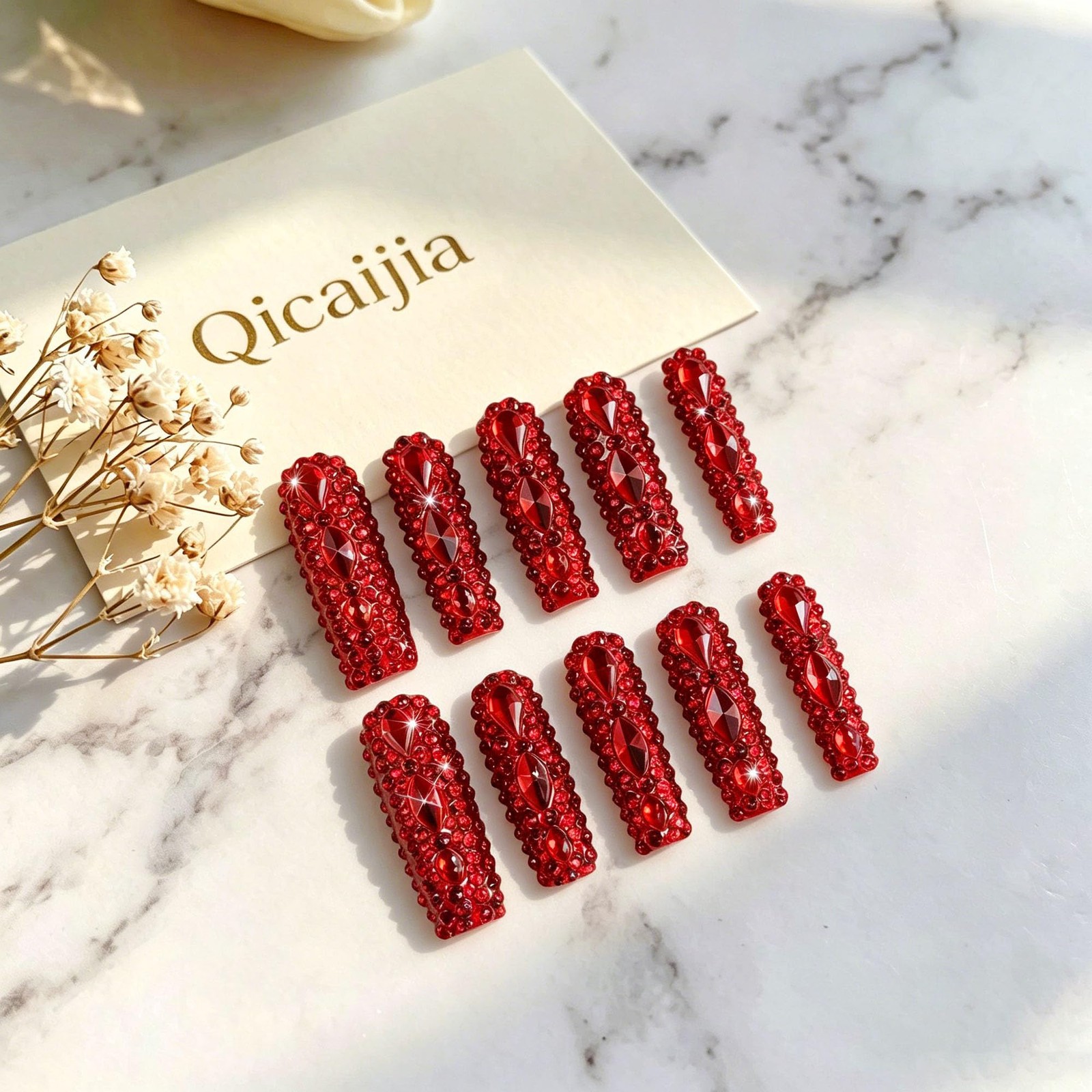 Extra Long Press on Nails Handmade Square Fake Nails Sparkly Red Rhinestones …