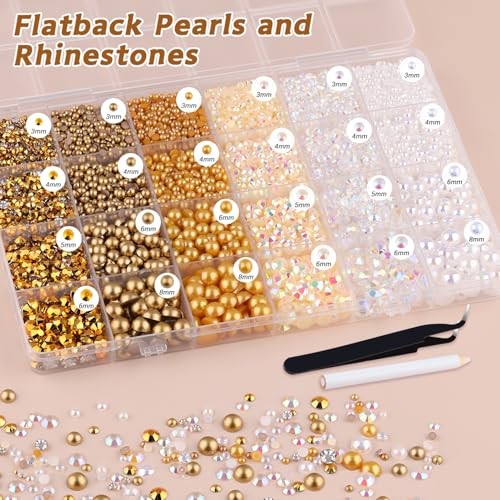 14000PCS Flatback Pearls and Gold Rhinestones for Bedazzling Kit | White Brown