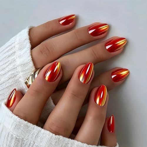 Bright Red Chrome Press On Nails Short, Shiny Cat Eye Extra Short orange red