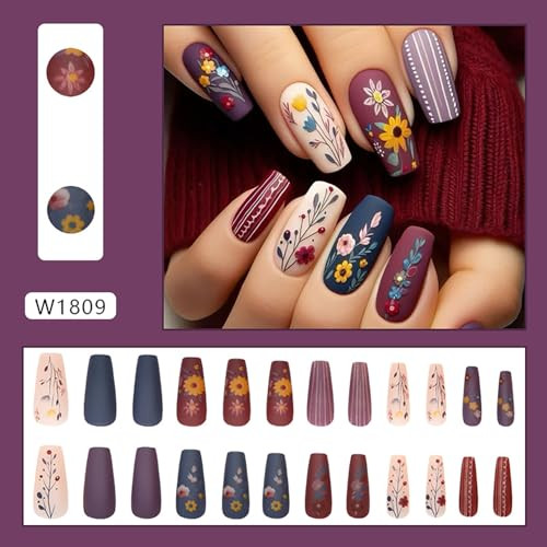 Colorful Flower Press on Nails Medium Ballet Shaped Coffin Nails Matte Stripe
