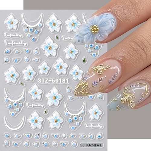 3 Sheets Summer Flowers Nail Stickers 5D Embossed Self Adhesive Blue Style01