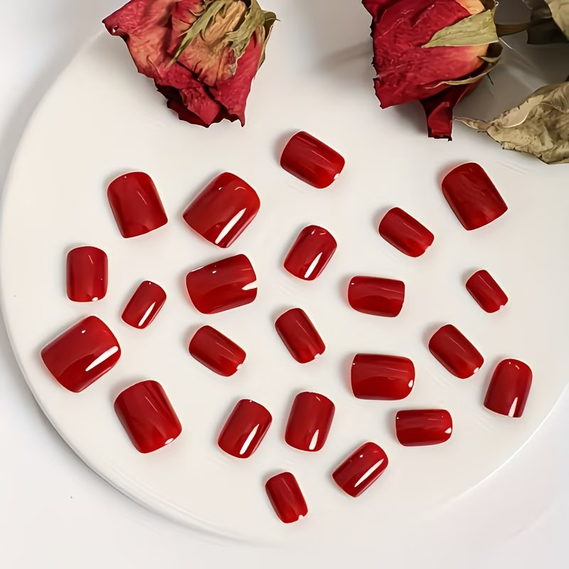 24pcs Classic Solid Red, Short Press-On Nails, Glossy, Elegant, Events