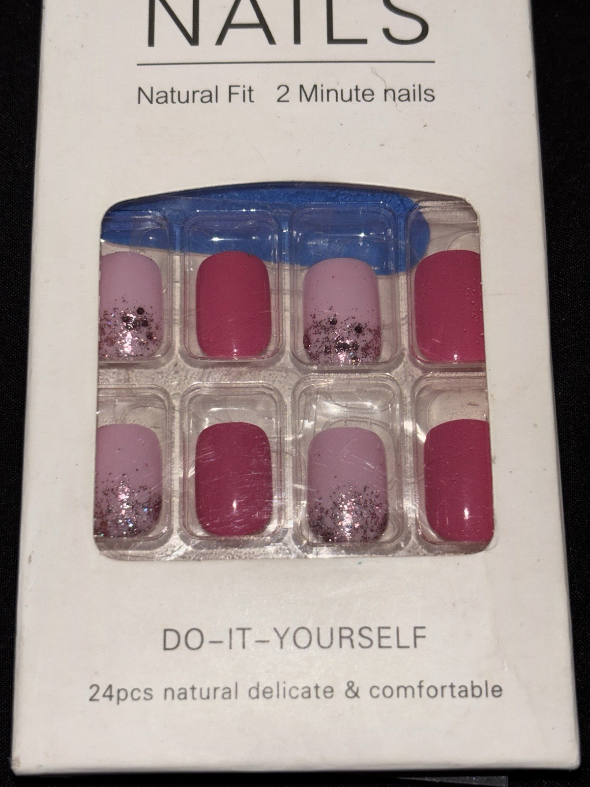 Press-On Nails Set, Pink Glitter Sparkle, Shiny, Short Square, Full Cover, 24pcs