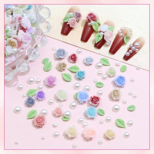 300Pcs Flower Nail Charms 3D Mixed Size Rose Flower Nail Accessories Pearl