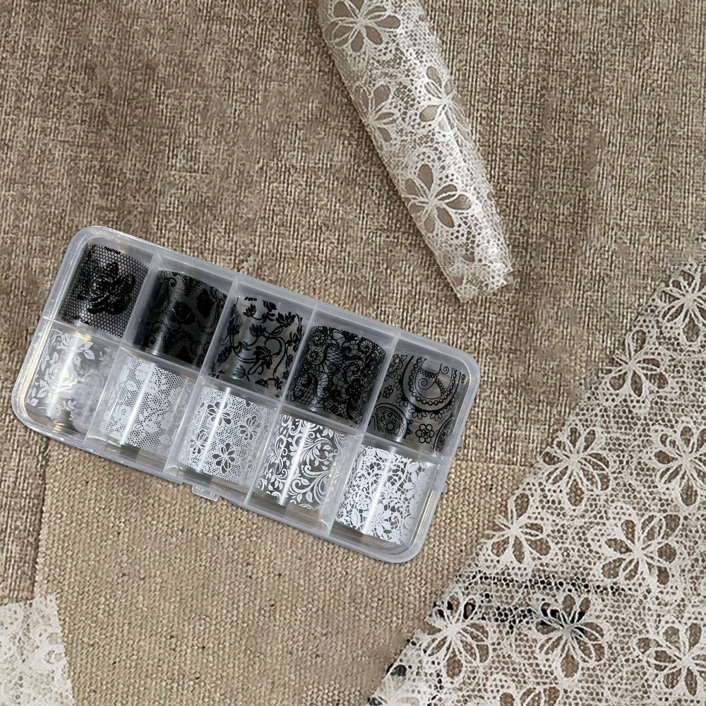 10 Rolls Sexy Lace Nail Foils Black White Transfer Paper Nail Art Stickers AE