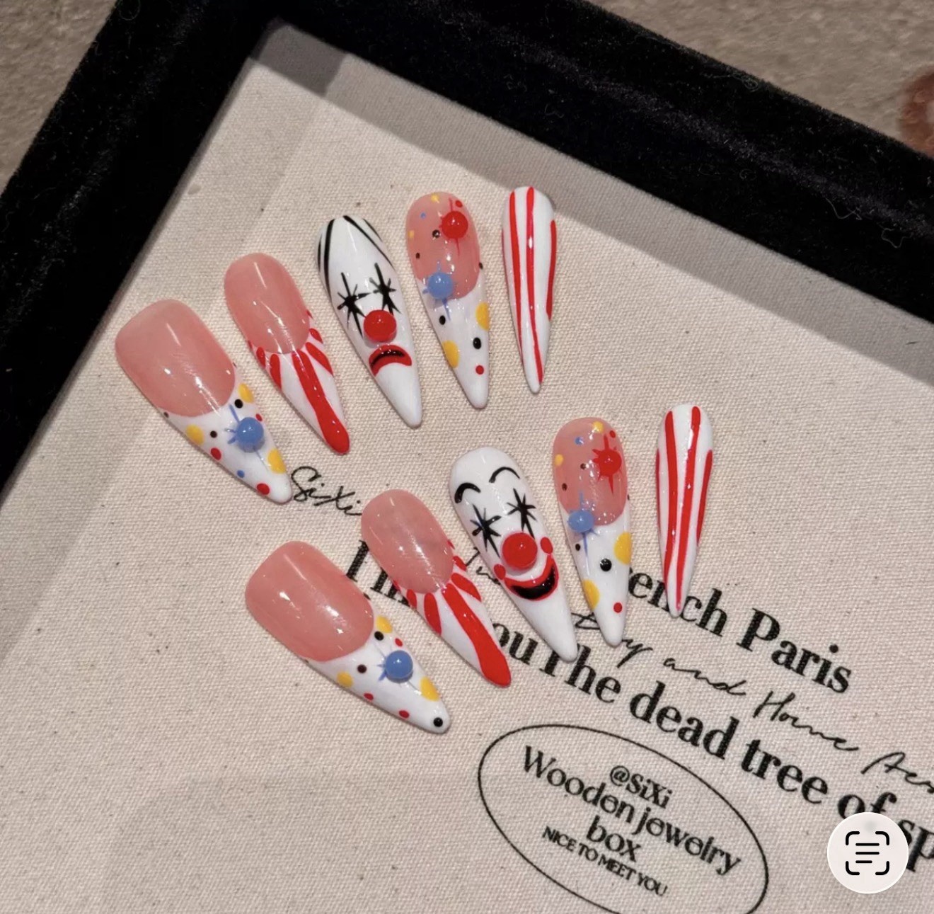 Reusable Set of Multicolor Clown Theme Long Stiletto Press-On Nails Full Cover