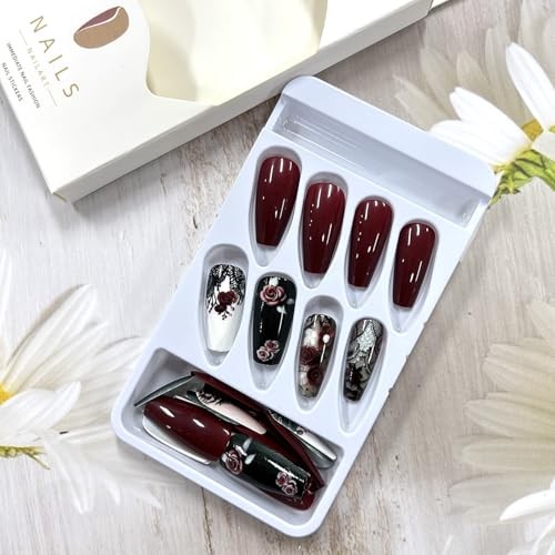 Press on Nails Medium Length False Nails Black Lace Pattern Red Rose Flower