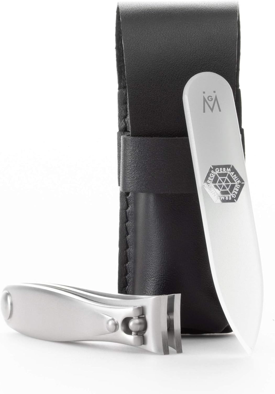 RMANIKURE Nail Clipper and Glass Nail File Set in Bla Leather Case –