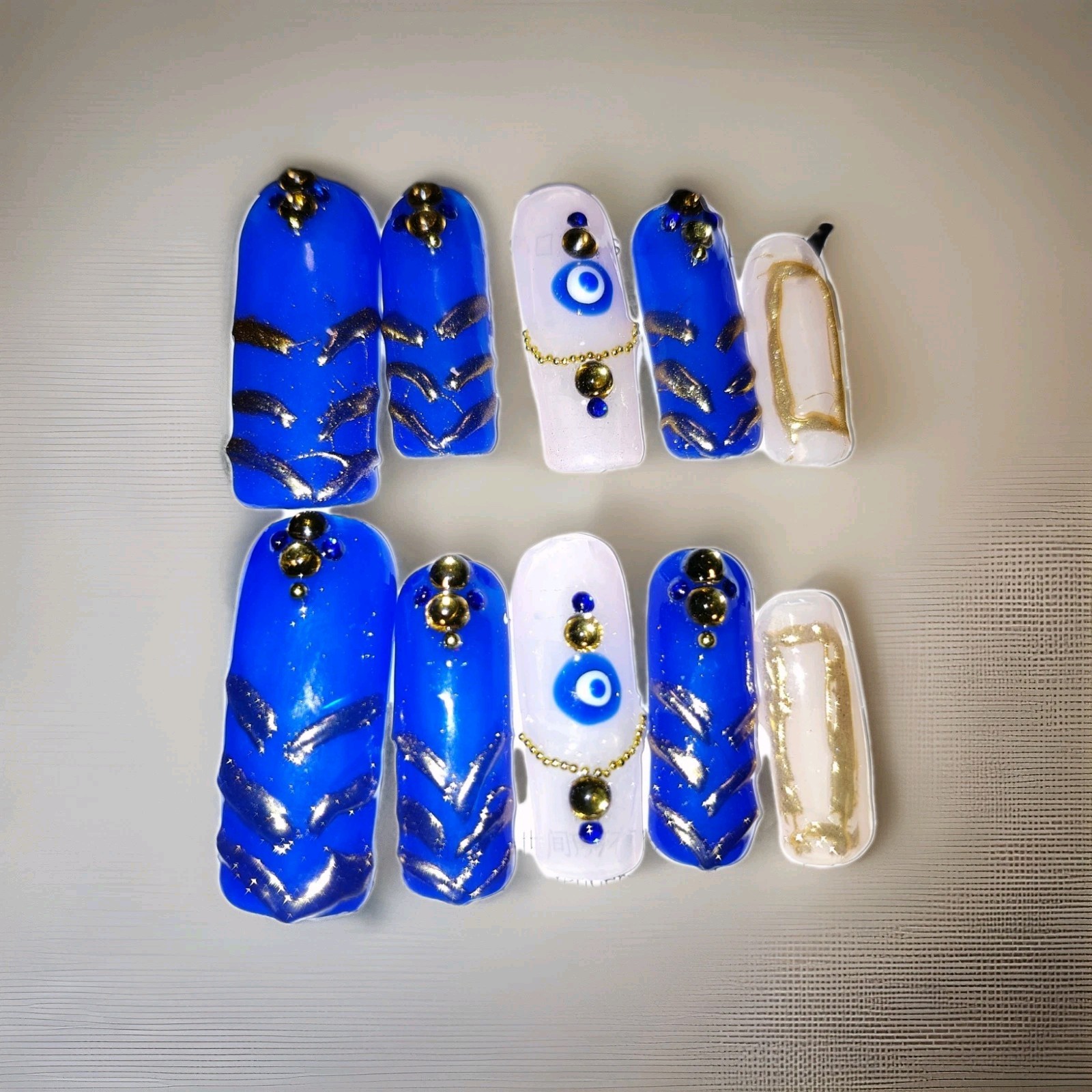 Long Square Blue Gold Nude 3D Evil Eye Press-On Nails Full Cover Pre-Designed