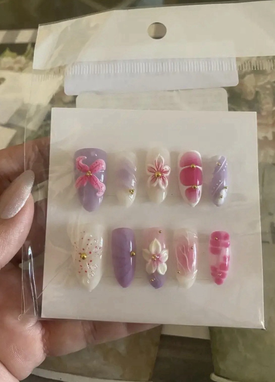 Pink Purple 3D Flower Almond Medium Acrylic Press-On Nails Set Self-Adhesive