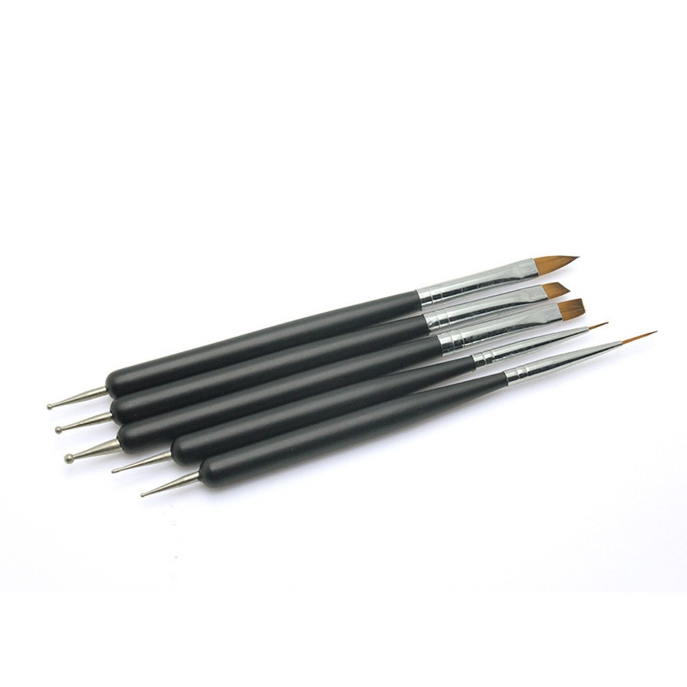 5Pcs Manicure Pen Set Double End Nail Brush and Carving Tip Black for Nail Art