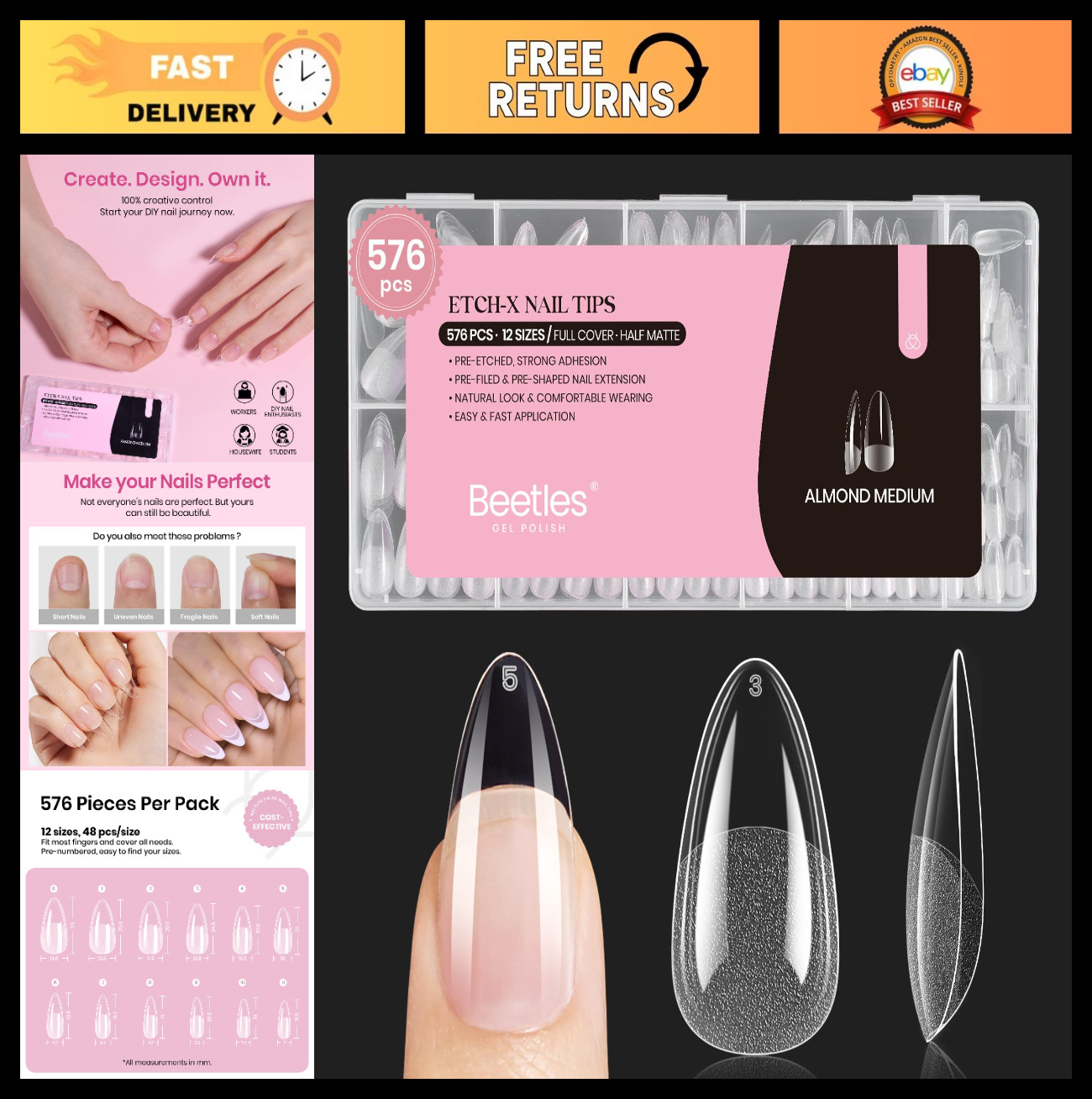 Medium Almond Nail Tips 576pcs, 12 Sizes, Pre-Etched Soft Gel, Half Matte Full C