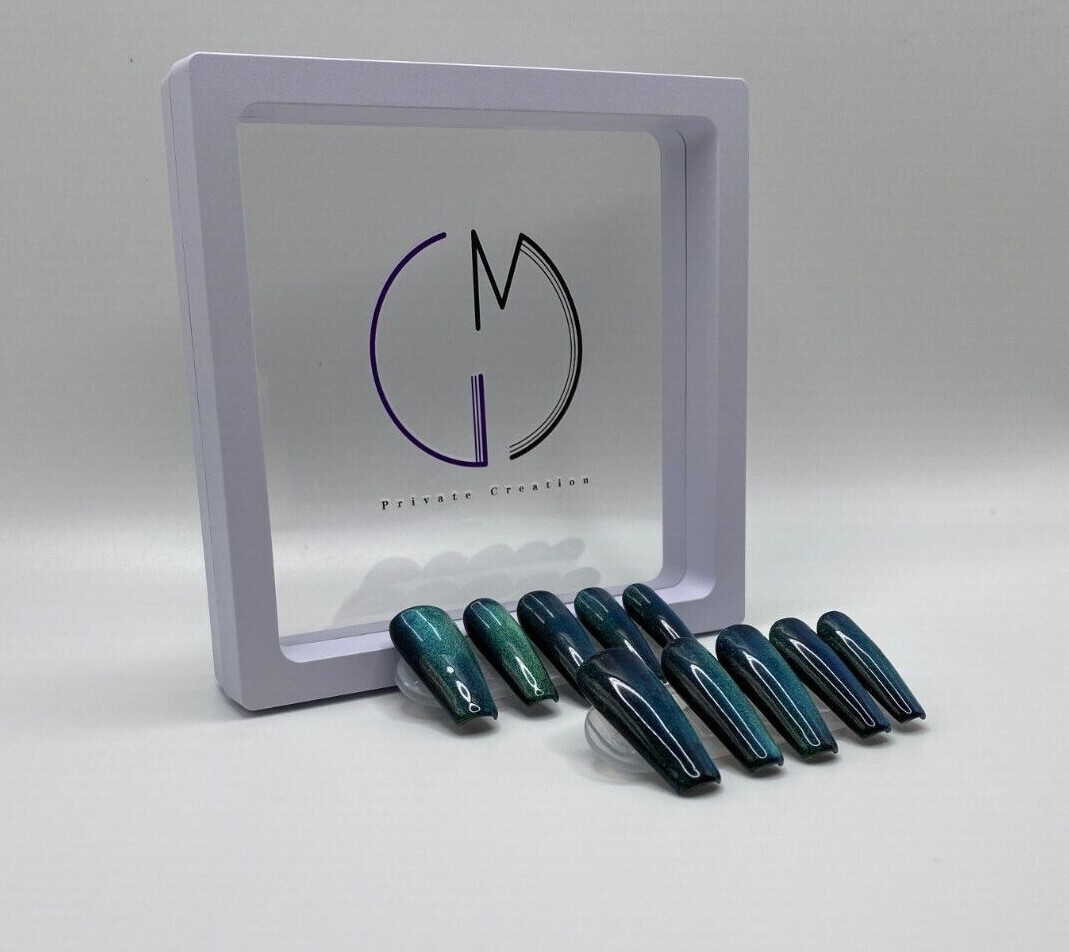Witchy Blue Green Color-Shifting Cat Eye Coffin Press on Nails Hand Painted Nail