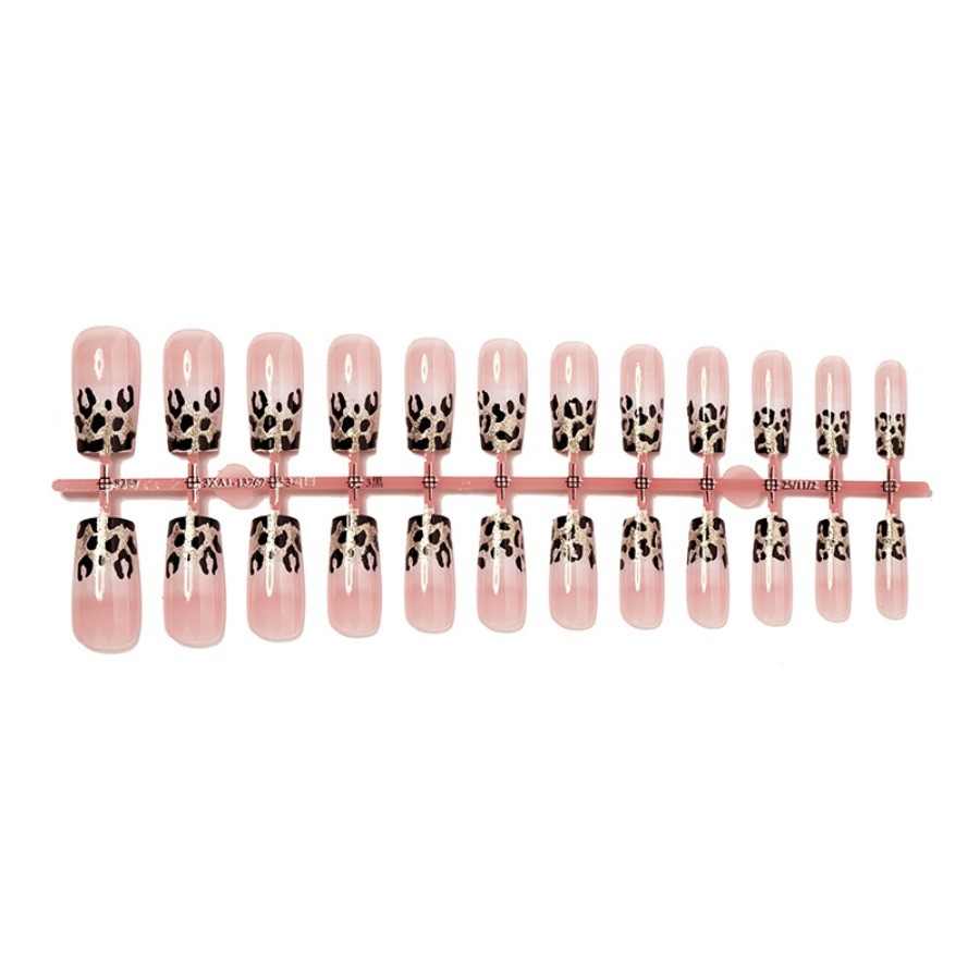 48p-Press on Nails Nude Gold Ombre Leopard Print Glitter French Tip Long Square