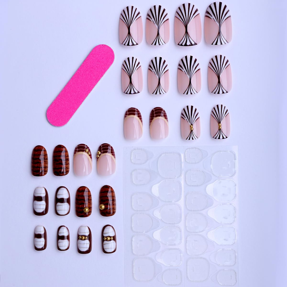 Long Almond Press on Nails Nude Brown Ormbed Fake Nails with Gold Accents Stick