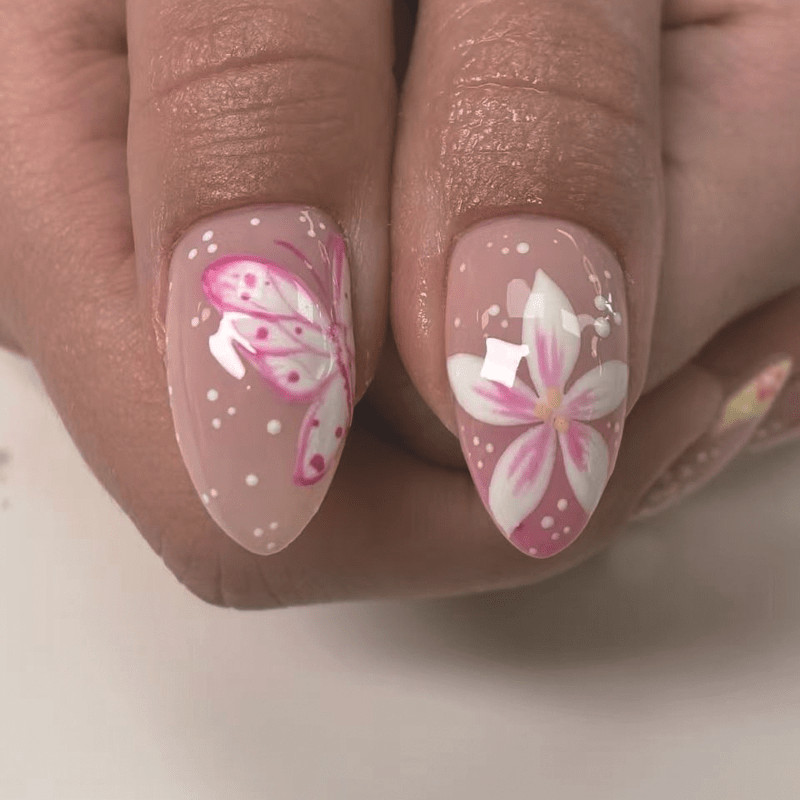 48pcs-Press on Nails Pink Green Nude Almond 3D Floral French Tip Spring Design