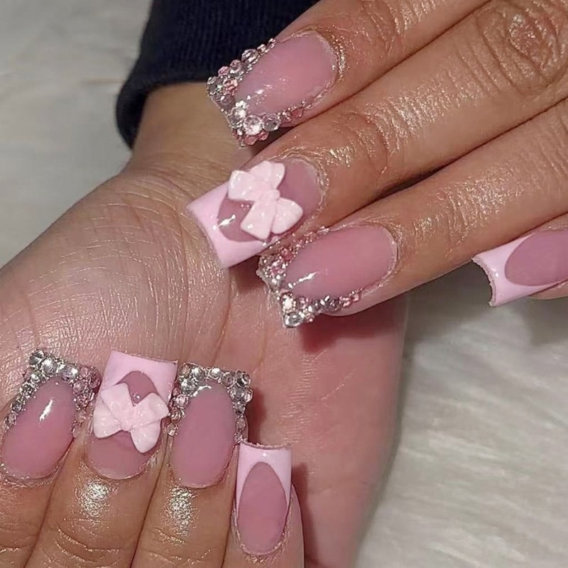 Pink Bows Fake Nail Snugly Fit Almond Shape Florals Design Artificial Nail