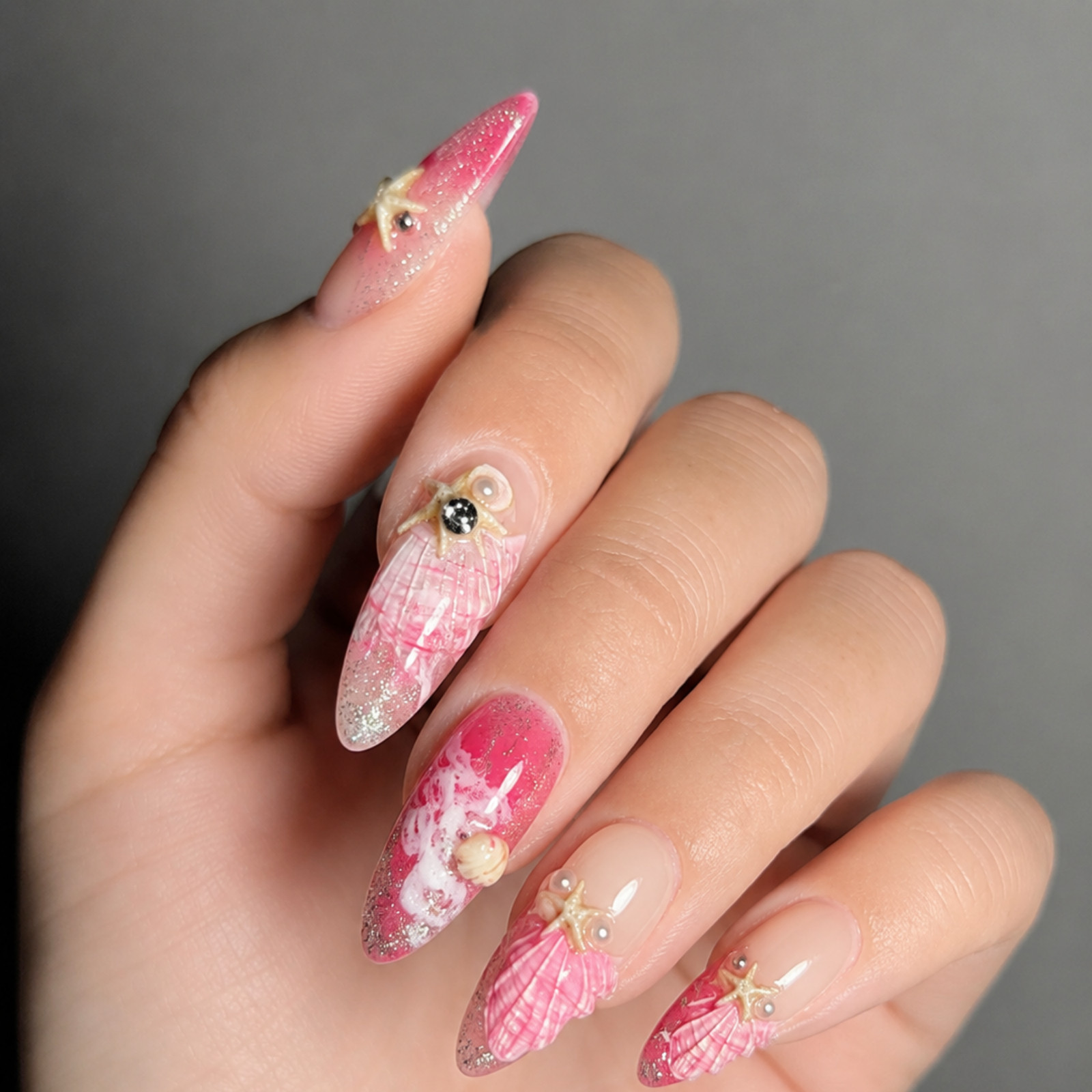 Handmade Pink Ocean Shell 3D Press On Nails Glitter Starfish Set